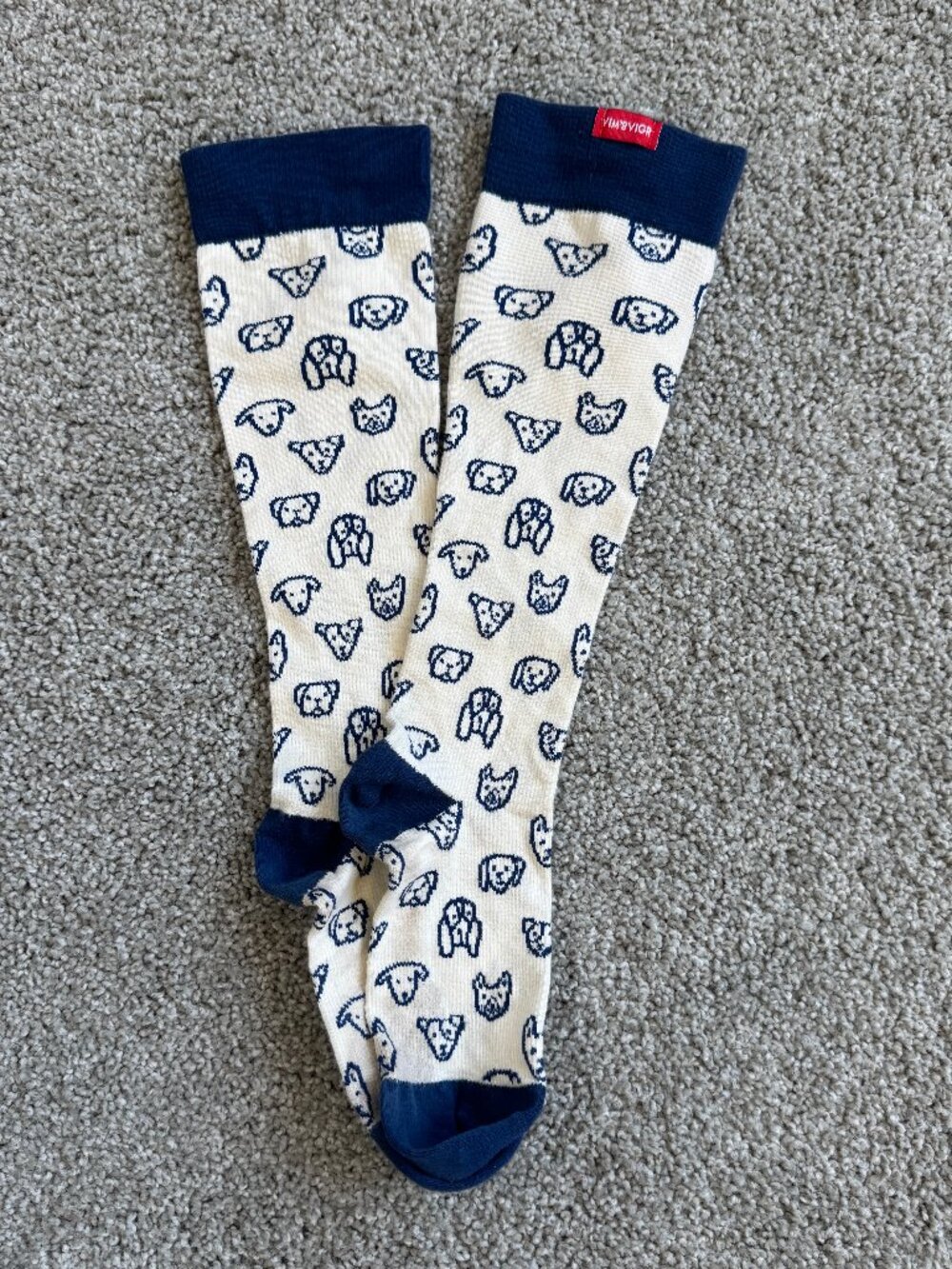 VIM & VIGR Compression socks, Knee high, beige & blue w/ dog designs, 20-30 MMHG